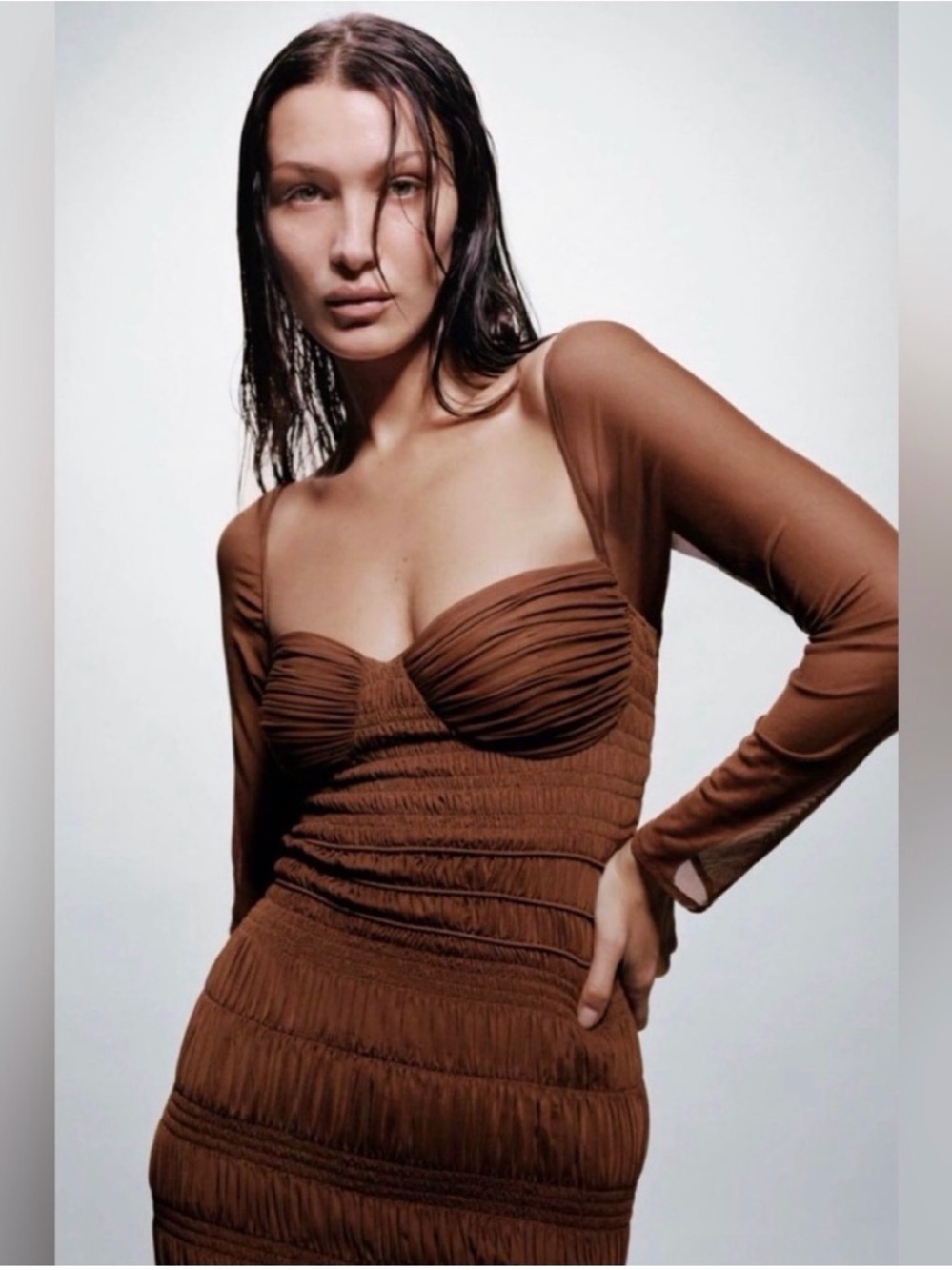 Self-Portrait Chocolate Brown Ruched Long-Sleeve Bustier Top